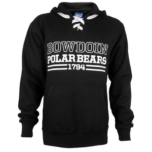 Black v-neck hooded sweatshirt with white lacing at neck. Chest imprint of white outlined BOWDOIN over white POLAR BEARS over a white double line broken by the numbers 1794 in white.