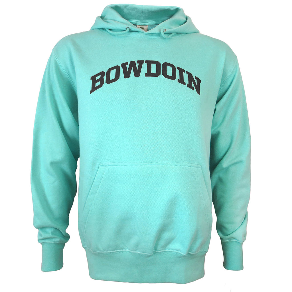 Bright aqua blue hood with black arched BOWDOIN imprint on chest.