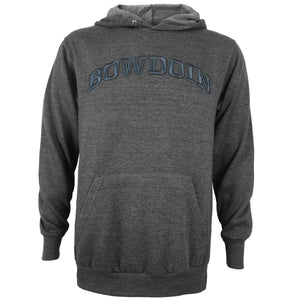 Charcoal heather hood with front pouch pocket and charcoal arched BOWDOIN embroidery on chest.