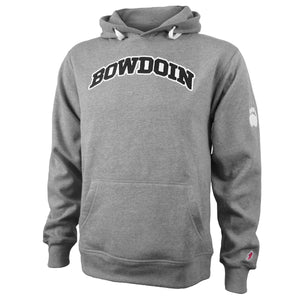 Heather grey pullover hood with front pouch pocket, arched BOWDOIN applique in black with white outline on chest, white paw print applique on left arm.