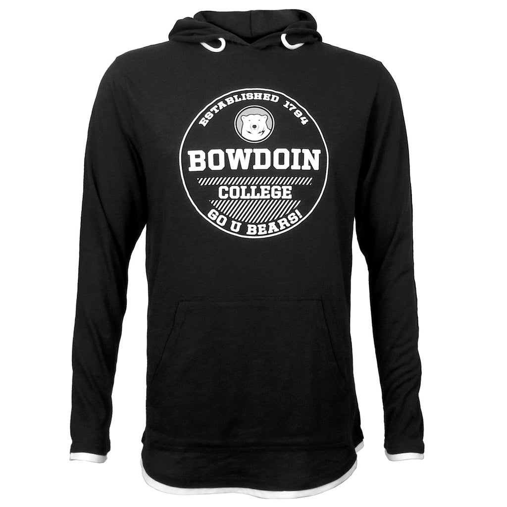 Black long-sleeved tee with front pouch pocket and hood. White trim on hem and cuffs, white drawstring in hood. White circle imprint with Established 1794 arched over polar bear medallion over BOWDOIN over COLLEGE over GO U Bears!