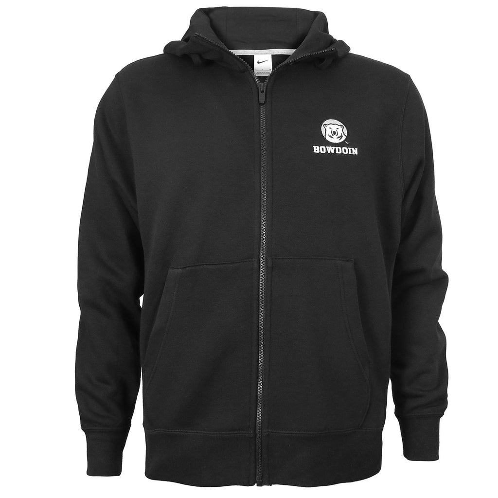 Black full-zip hooded sweatshirt with embroidered polar bear medallion over BOWDOIN on left chest.