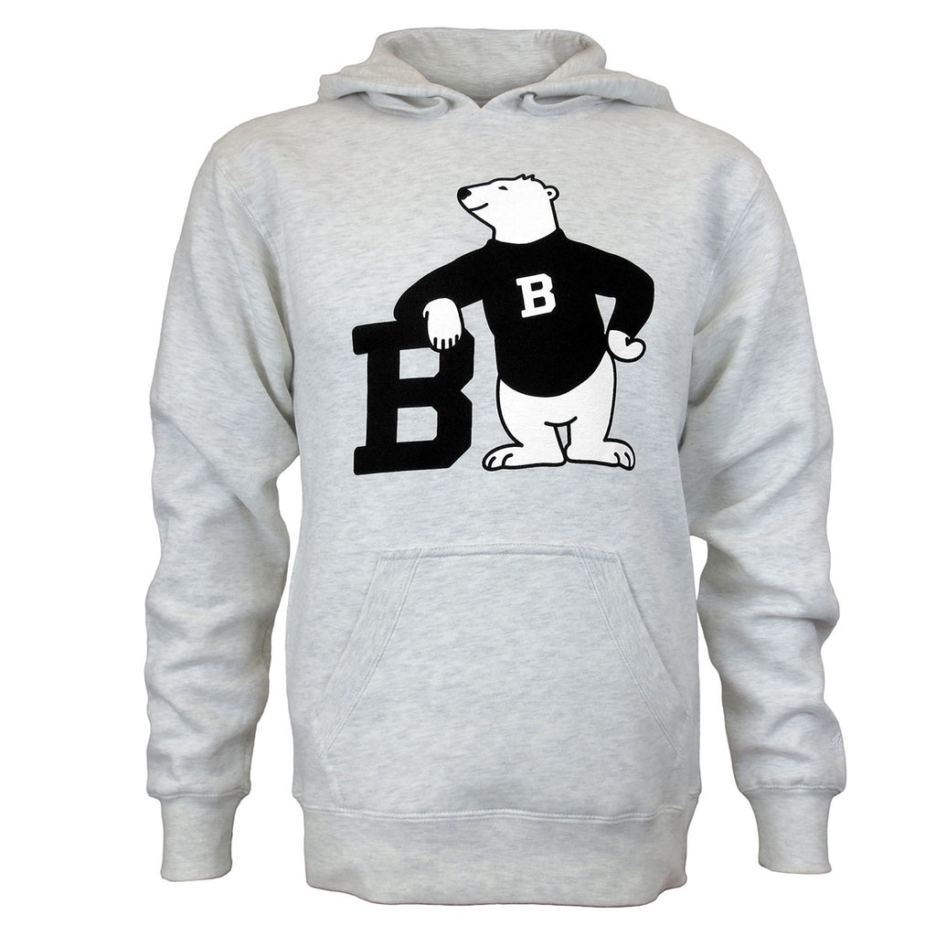 Pale heather grey pullover hood with large chest imprint of a cartoon polar bear wearing a black sweater with a B on the chest, leaning on a large black B.