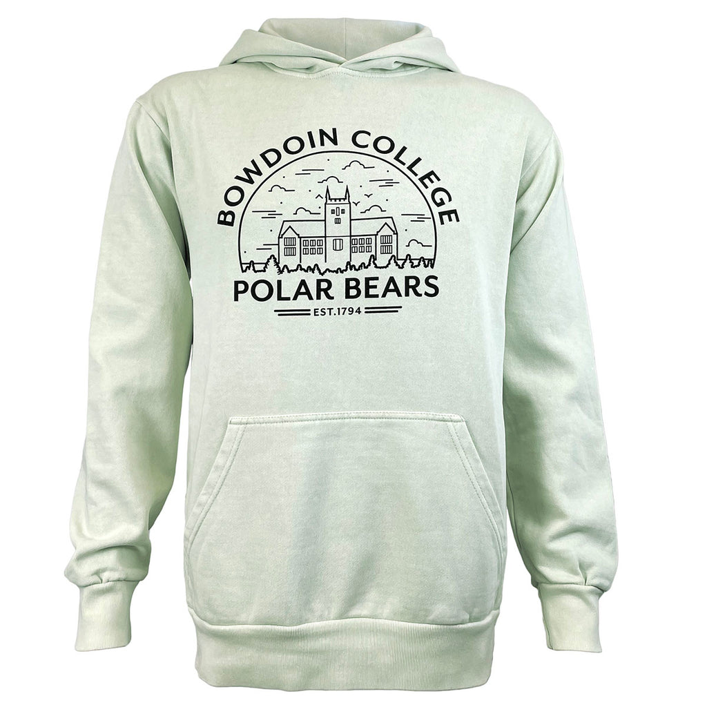 Pale green pullover hood with BOWDOIN COLLEGE arched over a black line drawing of Hubbard Hall over POLAR BEARS over EST 1794.