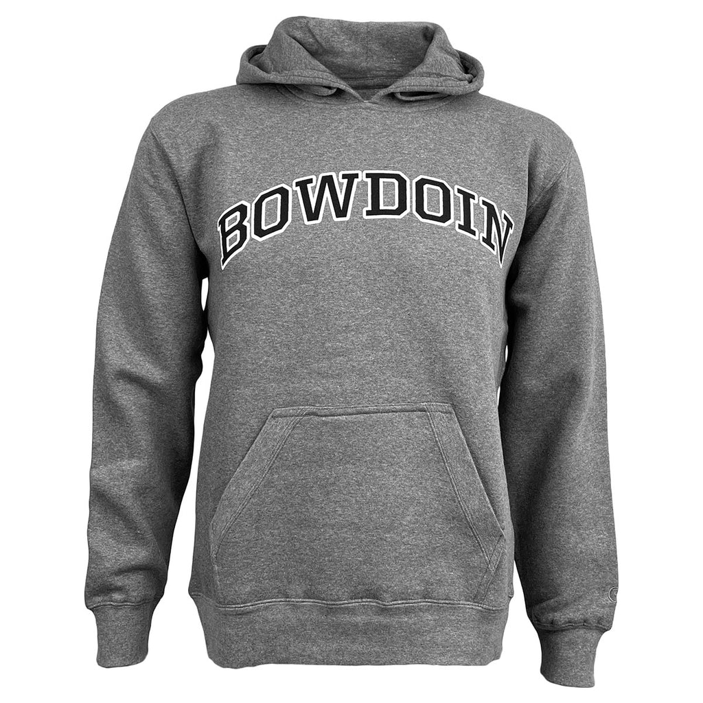 Charcoal heather hooded sweatshirt with arched BOWDOIN imprint on chest in black with white outline.