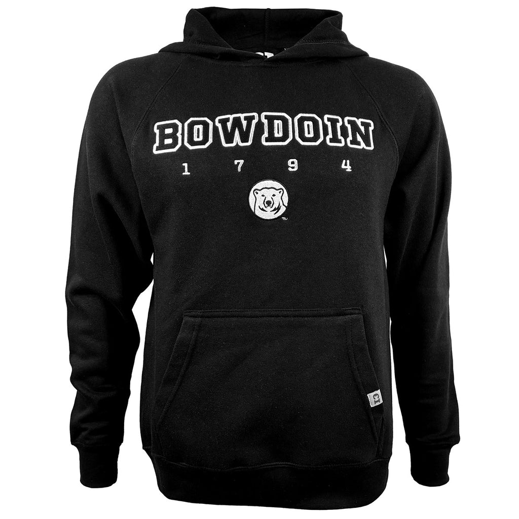 Black hooded sweatshirt with black felt BOWDOIN embroidered with a white outline. Underneath is white embroidered 1794 and black and white embroidered mascot medallion.