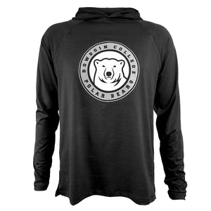 Black heather long sleeved raglan t-shirt with hood. Large medallion imprint on chest of a Bowdoin polar bear mascot head surrounded by a grey circle in which is written in black, "Bowdoin College Polar Bears"