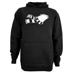 Black hooded sweatshirt with flocked chest decoration of the bust of a smiling cartoon polar bear in a black and white striped scarf.