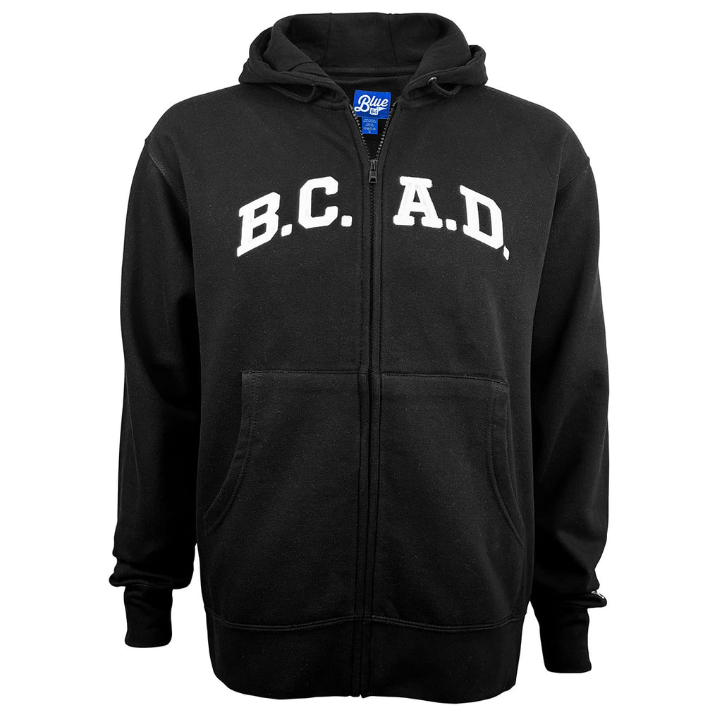 Black full-zip hoodie with arched white BCAD applique. The zipper is between the C and the A in the applique.