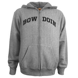 Dark grey heather full zip hooded sweatshirt with black arched BOWDOIN chest imprint bifurcated by zipper.