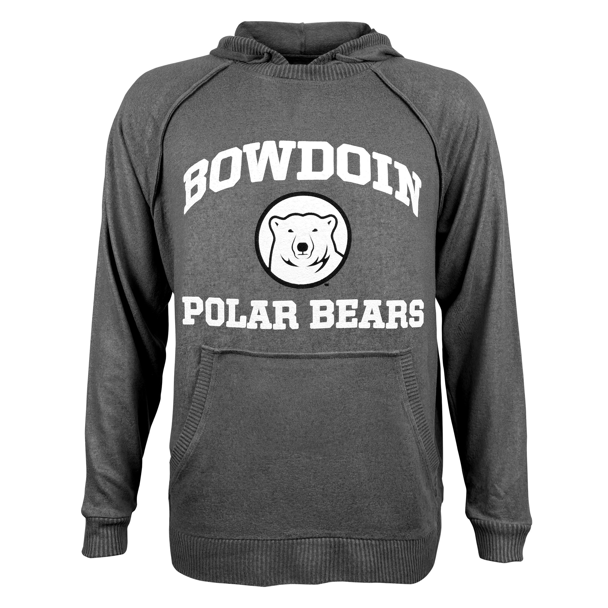 Gray hoodie with 'Bowdoin Polar Bears' text and logo on a white background