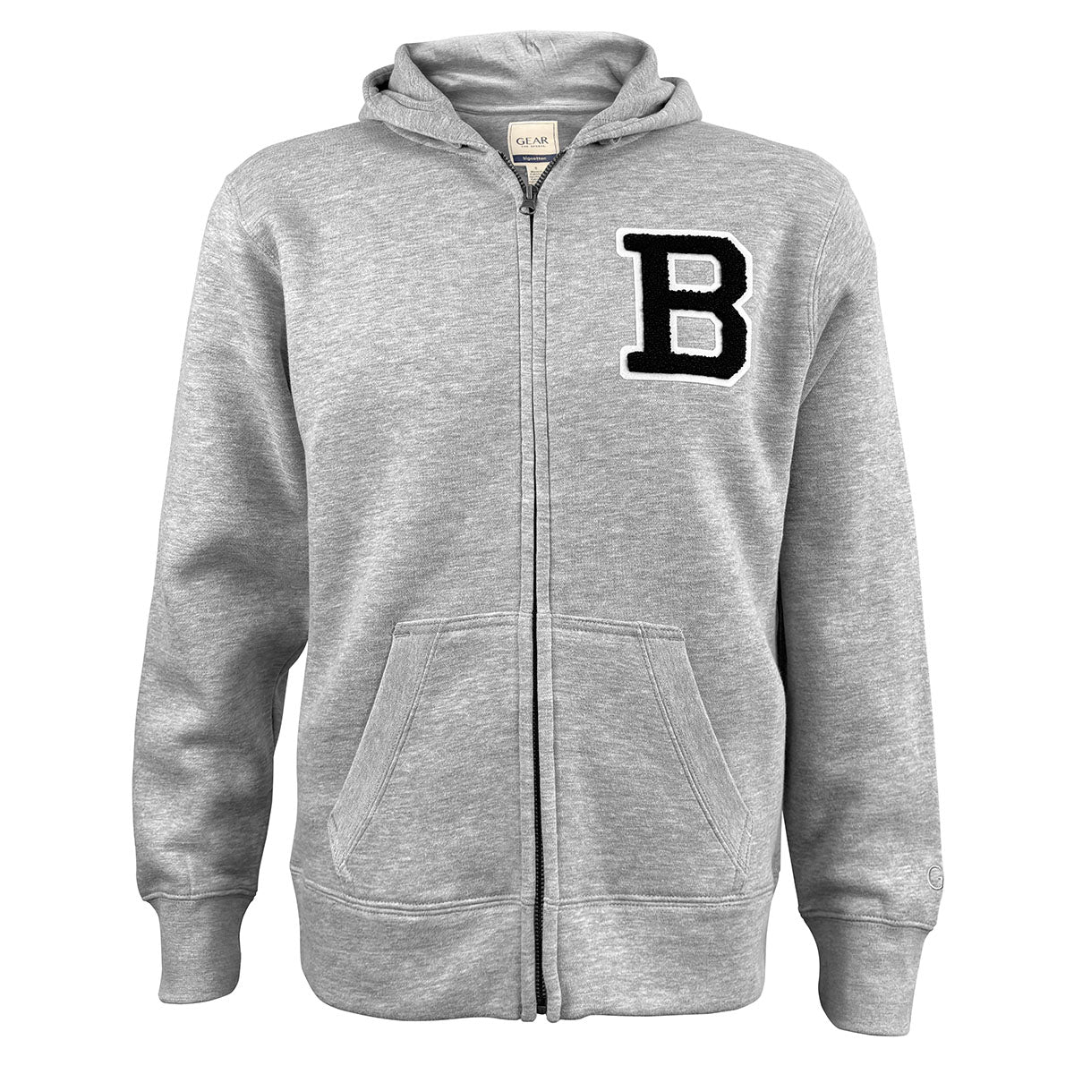 Gray full-zip hood with chenille Bowdoin B on left chest.