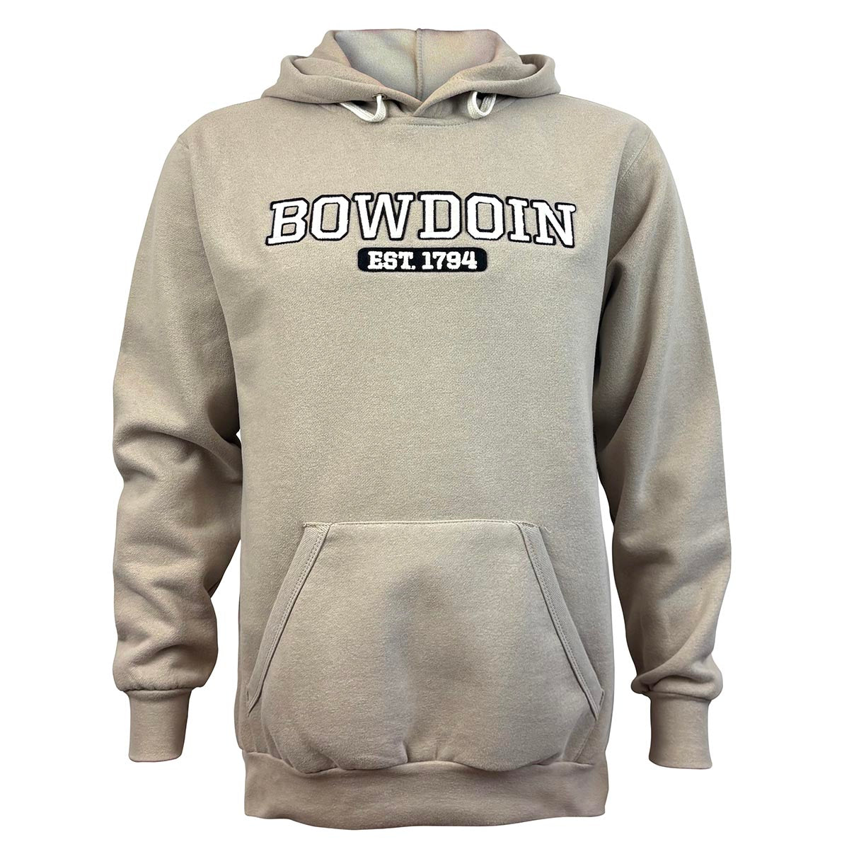 Beige hoodie with 'Bowdoin Est. 1794' text on a white background