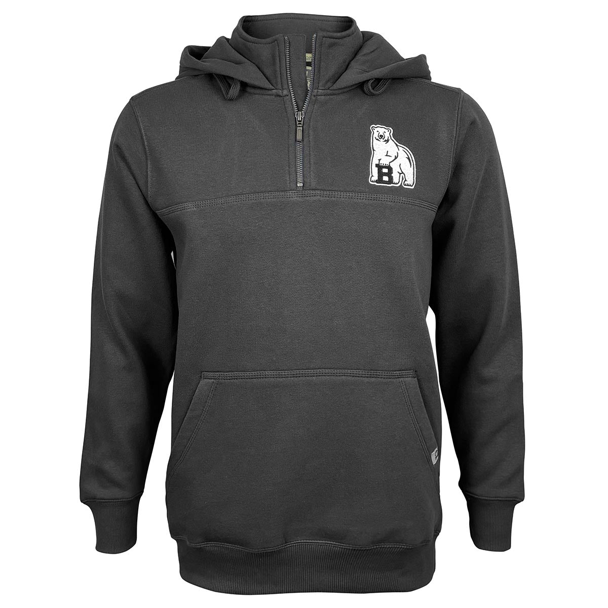 Dark gray hoodie with a polar bear logo on the chest against a white background