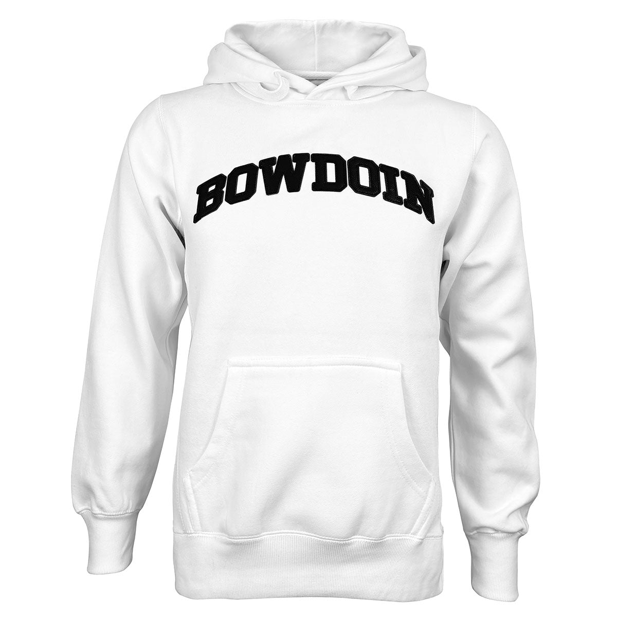 White hoodie with 'BOWDOIN' applique on the chest against a white background