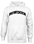 White hoodie with 'BOWDOIN' applique on the chest against a white background
