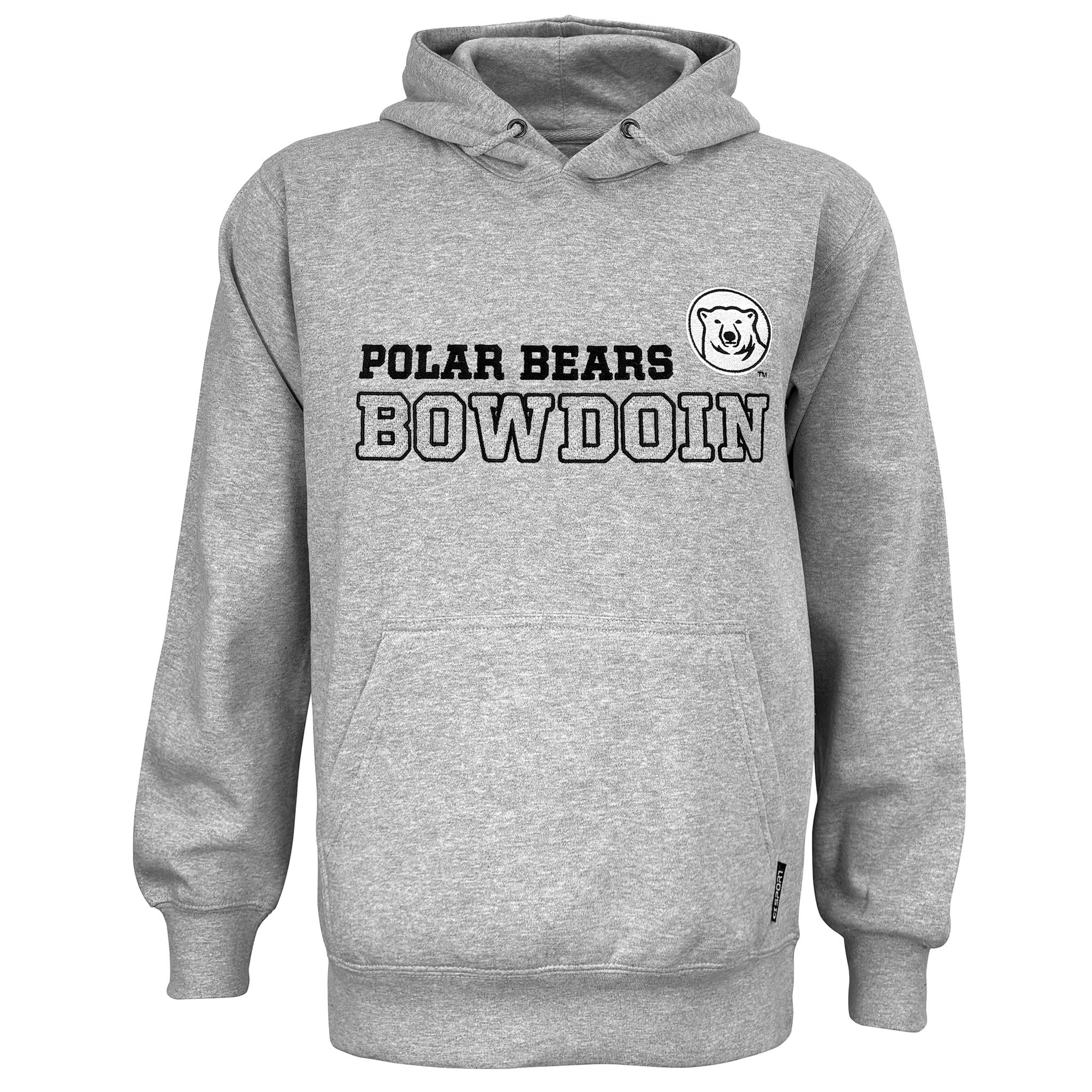 A heather gray pullover hoodie featuring 'POLAR BEARS BOWDOIN' printed in black varsity-style block letters across the chest, alongside a white polar bear head logo inside a circle. The hoodie is displayed on a clean white background.