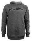 A dark heather gray pullover hoodie with 'BOWDOIN' applique across the chest in a dark gray varsity-style font. It features a front kangaroo pocket and a small Champion logo on the left sleeve cuff, shown against a plain white background.