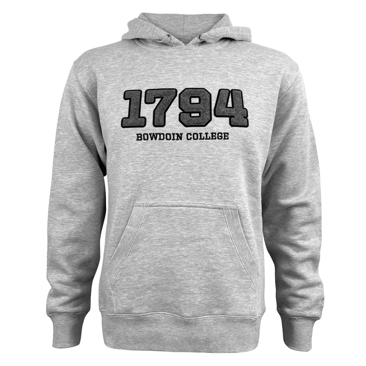 A heather gray pullover hoodie featuring the text '1794' and 'BOWDOIN COLLEGE' in black across the chest, displayed on a clean white background.