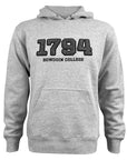 A heather gray pullover hoodie featuring the text '1794' and 'BOWDOIN COLLEGE' in black across the chest, displayed on a clean white background.