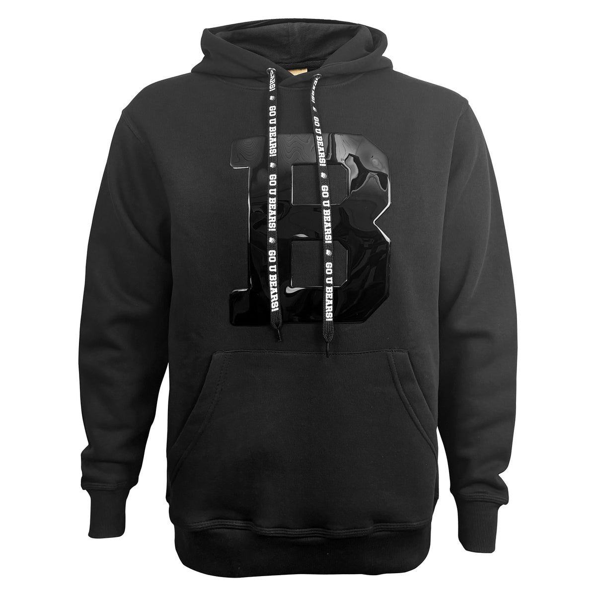 A black pullover hoodie with a large glossy chest graphic of a stylized letter 'B'. The drawstrings are also black with white text reading 'GO U BEARS!'