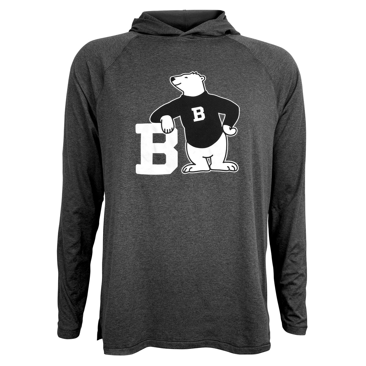 Charcoal grey hooded t-shirt with black and white cartoon polar bear imprint on chest.