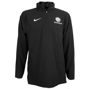 Black 1/4-zip jacket with white Nike Swoosh on right chest and white polar bear mascot medallion over BOWDOIN on left chest.