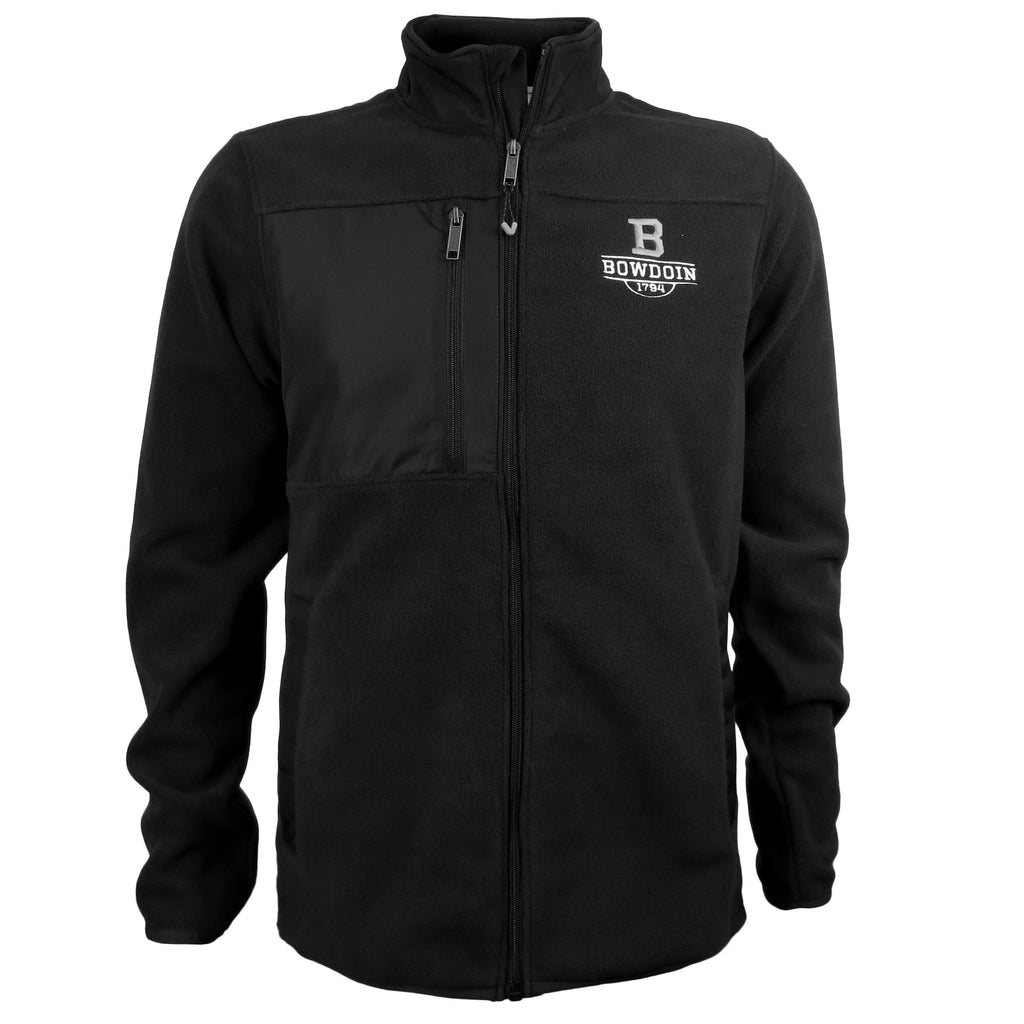 Black fleece full zip jacket with zippered pocket on right chest and embroidered B in grey over embroidered BOWDOIN over 1794 in white.