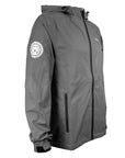 Right side view of grey hooded rain jacket with white center ice mascot medallion imprint on upper sleeve.