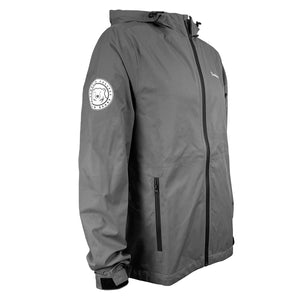 Right side view of grey hooded rain jacket with white center ice mascot medallion imprint on upper sleeve.