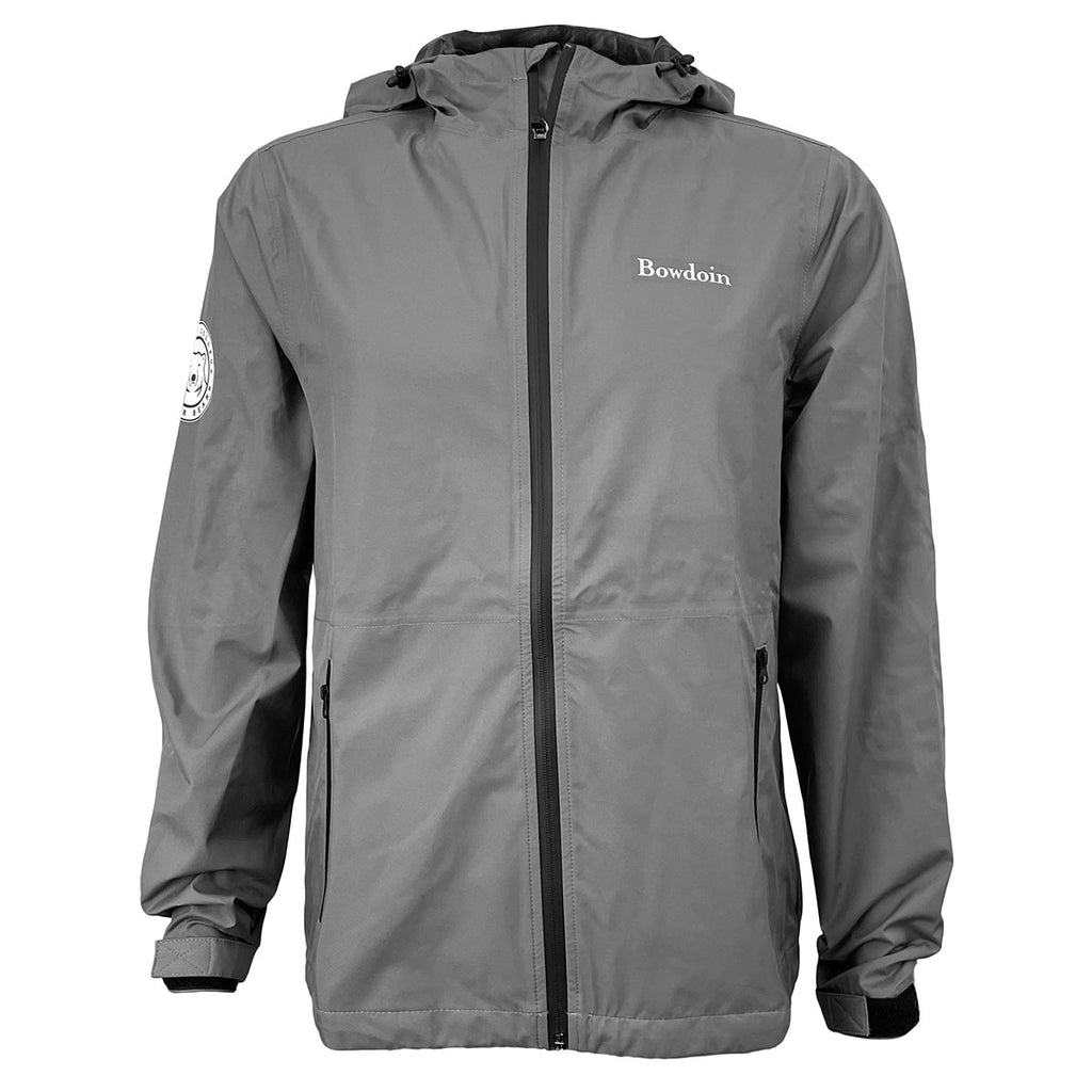 Grey hooded rain jacket with black trim and white imprint of BOWDOIN wordmark on left chest.