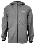 Grey hooded rain jacket with black trim and white imprint of BOWDOIN wordmark on left chest.