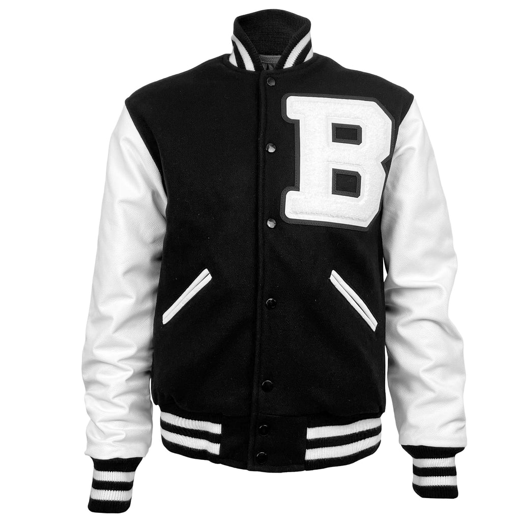 Classic varsity jacket with black body and large applique white B on left chest. White sleeves and pocket trim, black and white ribbed cuffs, collar, and hem.