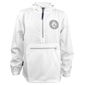 White hooded pullover anorak style windbreaker with mascot medallion imprint on left chest with BOWDOIN COLLEGE POLAR BEARS in a ring around the mascot.