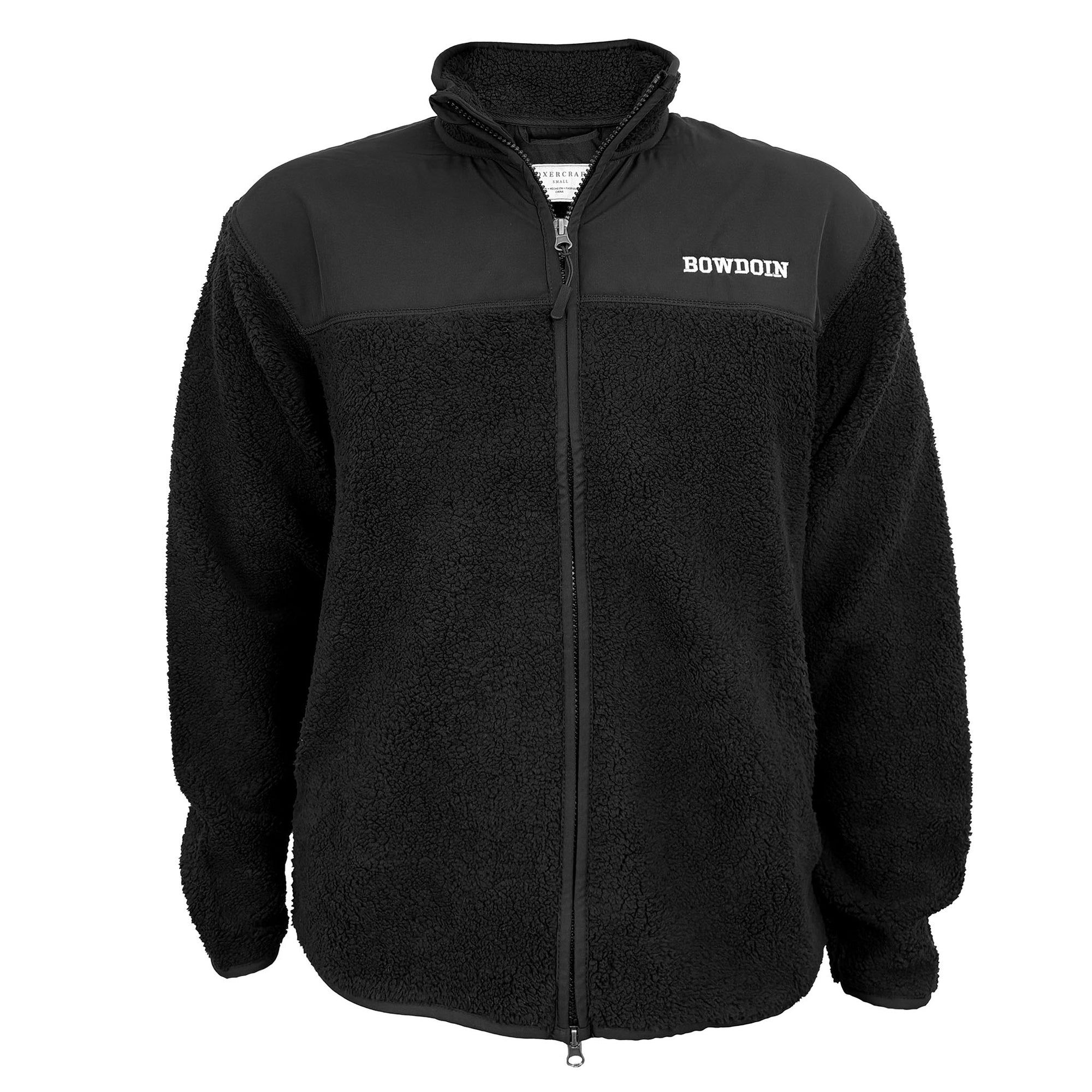 Blacksherpa fleece jacket with 'Bowdoin' logo on a white background