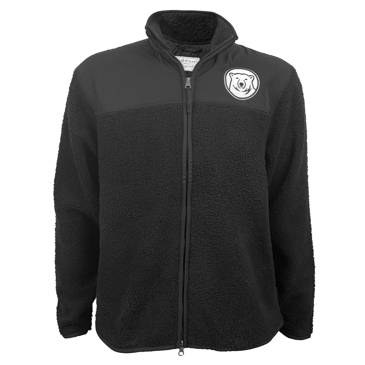 A black fleece zip-up jacket with a solid black collar and upper chest panel, a textured black lower body, a front zipper, and a white circular logo on the left chest featuring a bear head.
