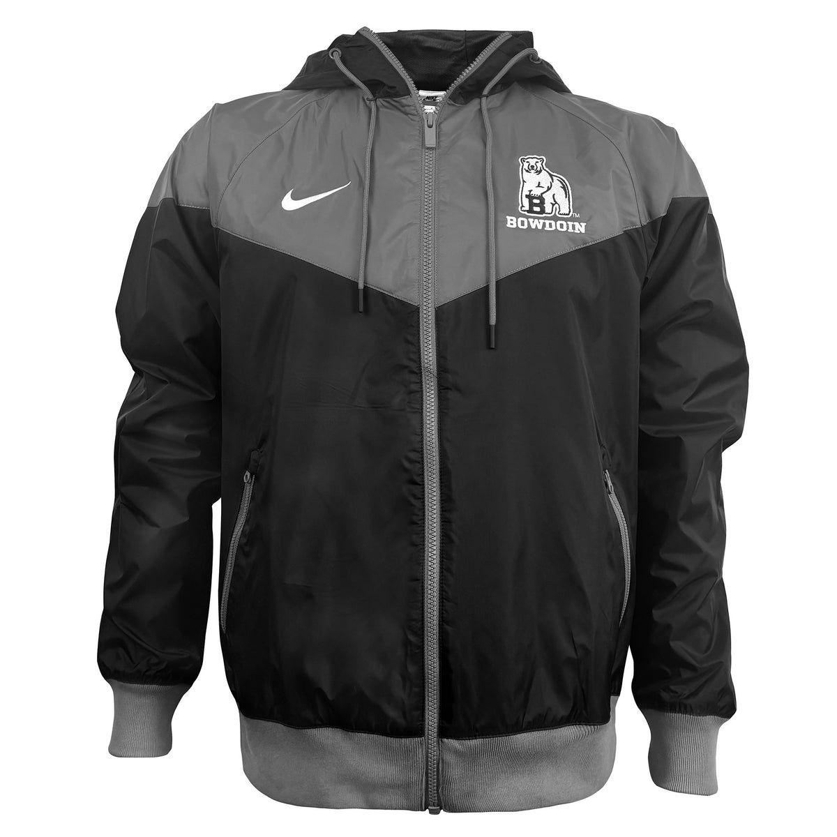A black and gray Nike full-zip hooded jacket with a white swoosh on the right chest and a white Bowdoin polar bear logo with 'BOWDOIN' text on the left chest, shown on a plain white background.