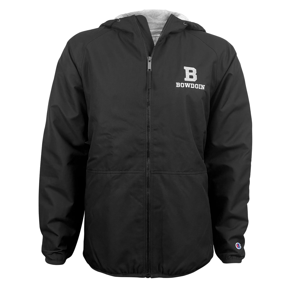 A black zip-up hooded jacket with a white Bowdoin 'B' logo on the left chest and a small Champion logo on the right cuff, shown on a plain white background.