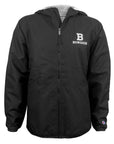 A black zip-up hooded jacket with a white Bowdoin 'B' logo on the left chest and a small Champion logo on the right cuff, shown on a plain white background.