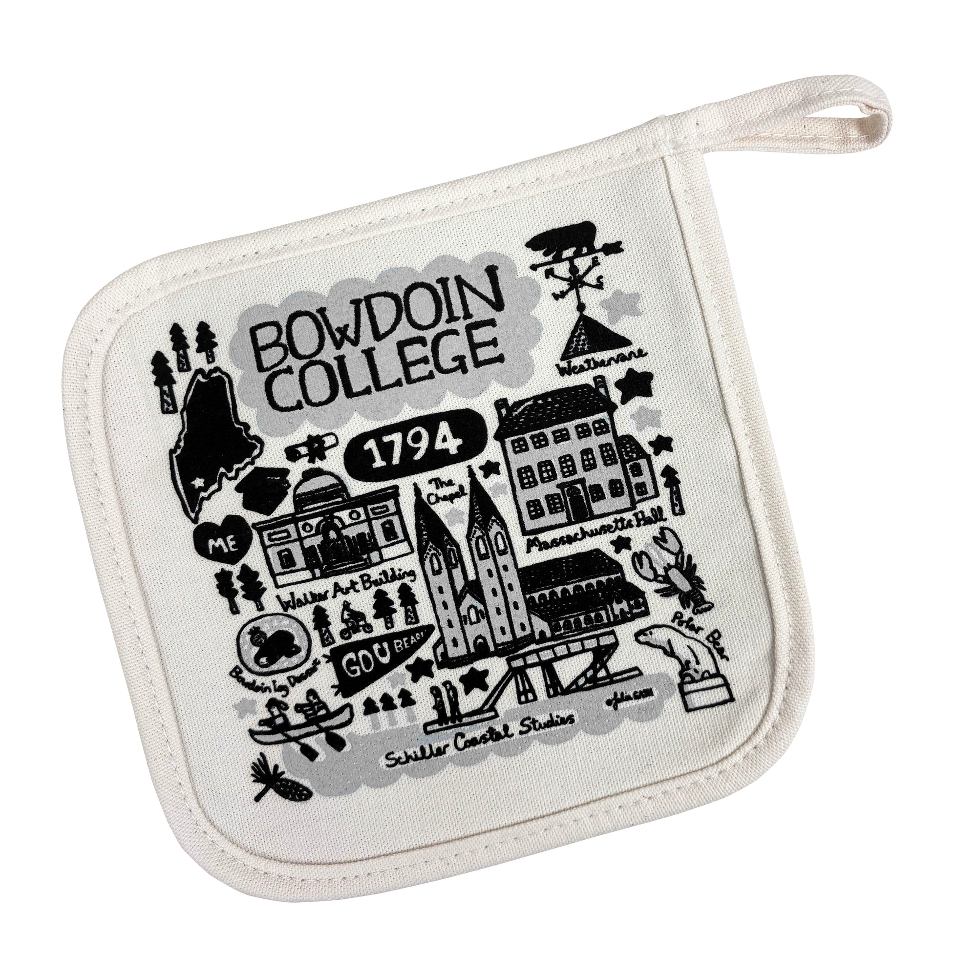 Potholder with black and grey graphics and text on a white background
