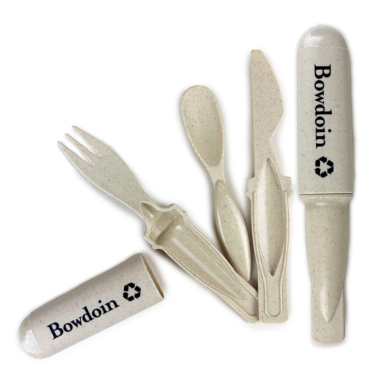 Set of eco-friendly cutlery with 'Bowdoin' branding on a white background