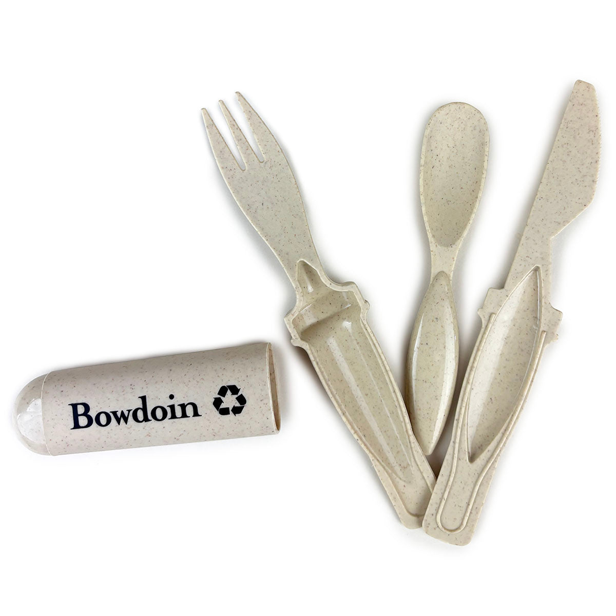 Unpacked set of biodegradable cutlery with a carrying case labeled 'Bowdoin' on a white background