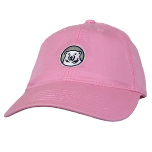 Women's pink baseball hat with embroidered Bowdoin polar bear medallion on front.
