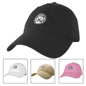 4 colors of women's twill caps with mascot medallion.