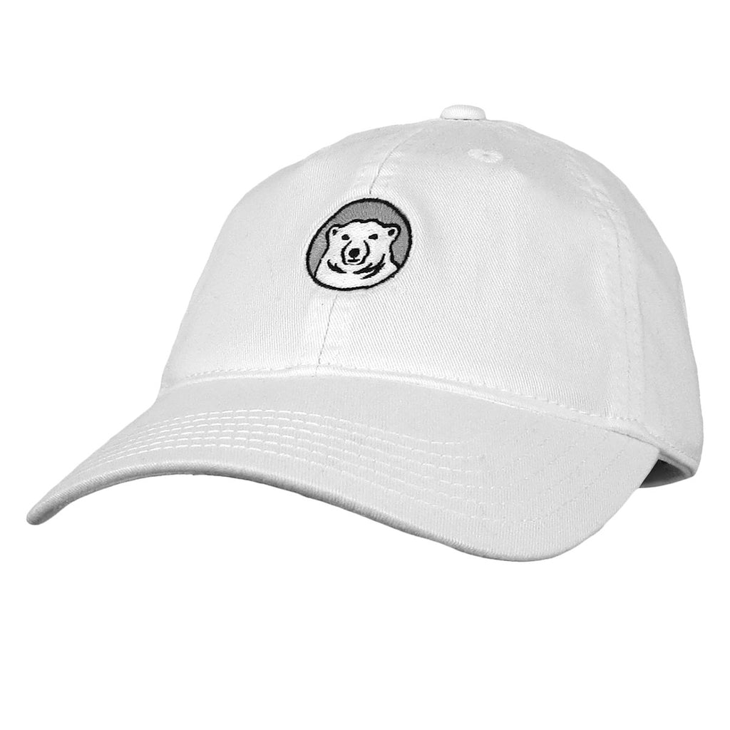 Women's white baseball hat with embroidered Bowdoin polar bear medallion on front.