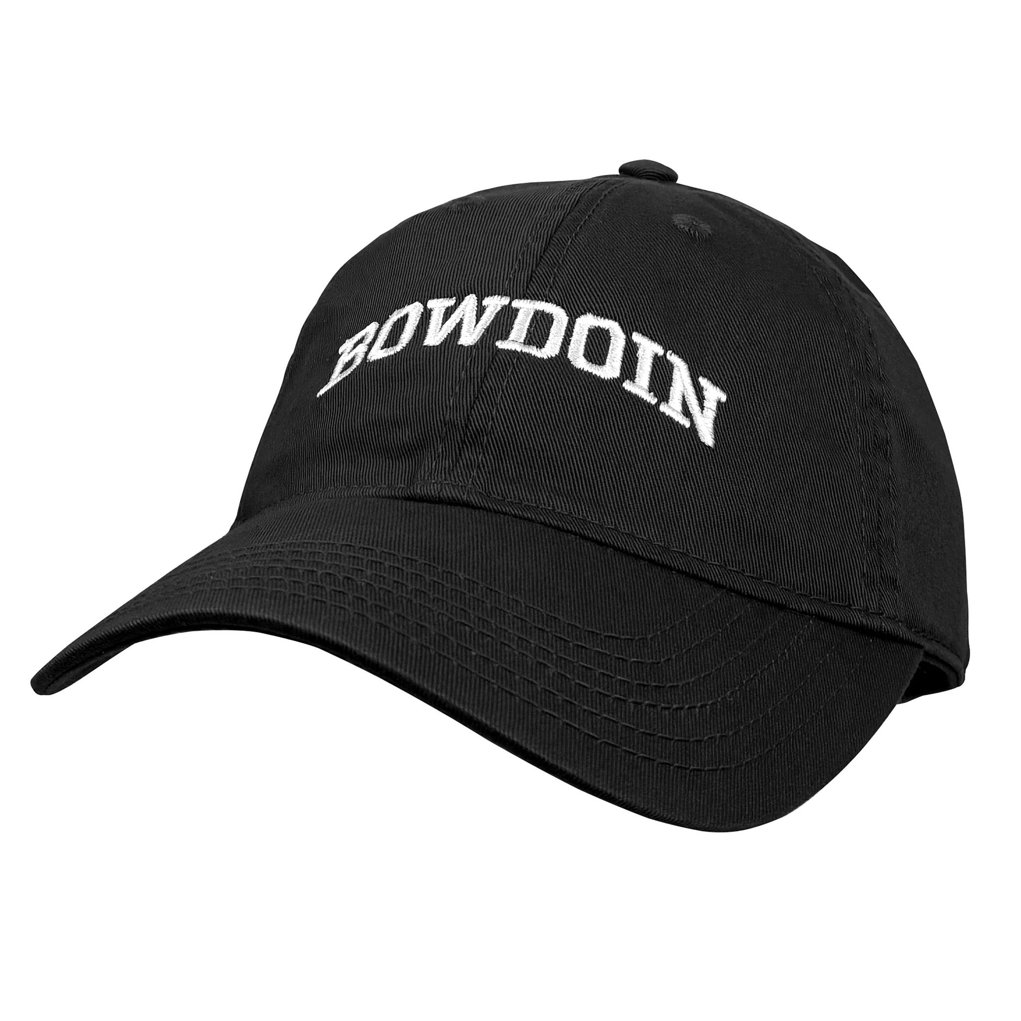 A black baseball cap with 'BOWDOIN' embroidered in white arched letters on the front, shown against a plain white background.