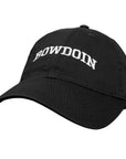 A black baseball cap with 'BOWDOIN' embroidered in white arched letters on the front, shown against a plain white background.