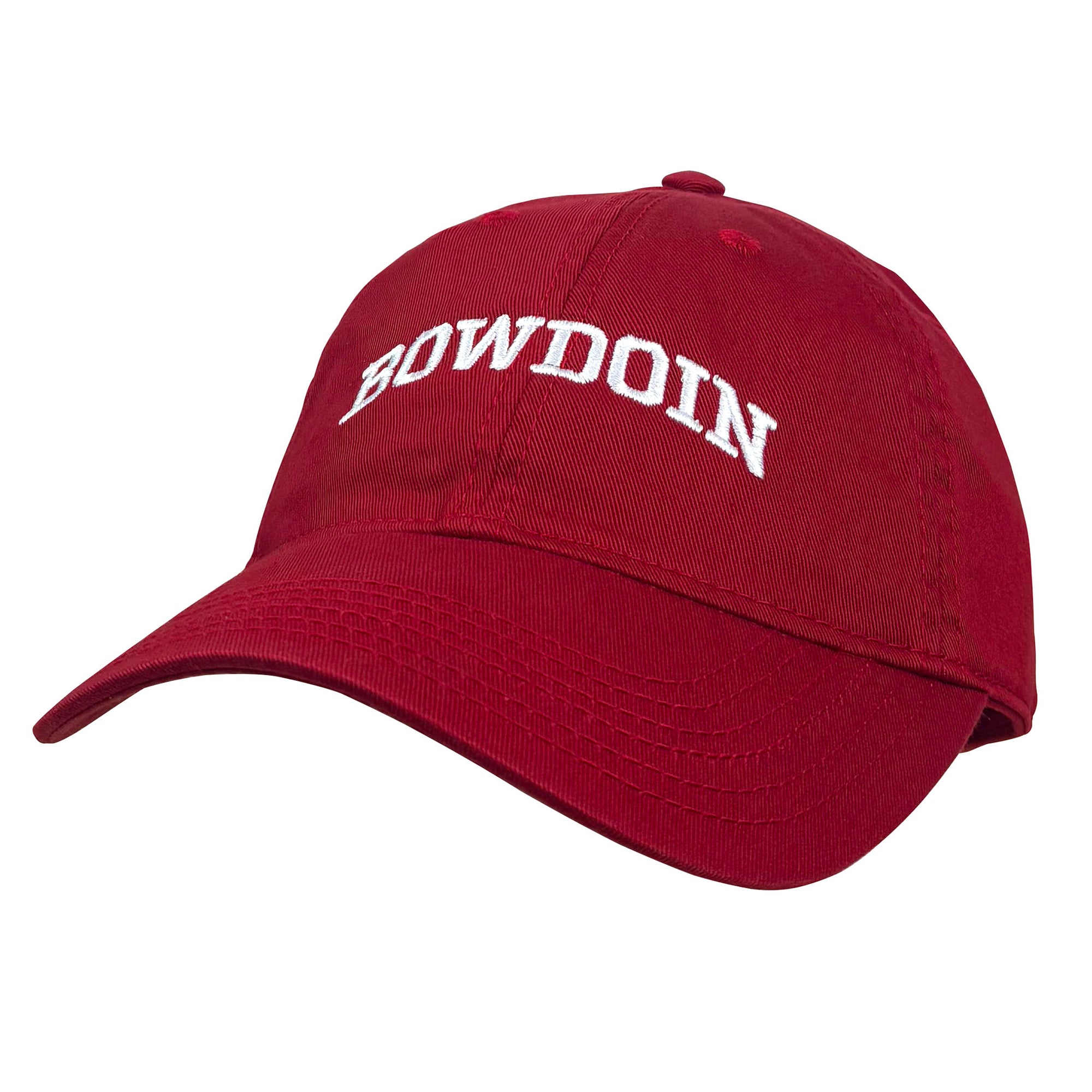 A scarlet red baseball cap with 'BOWDOIN' embroidered in white arched lettering on the front, shown against a plain white background.
