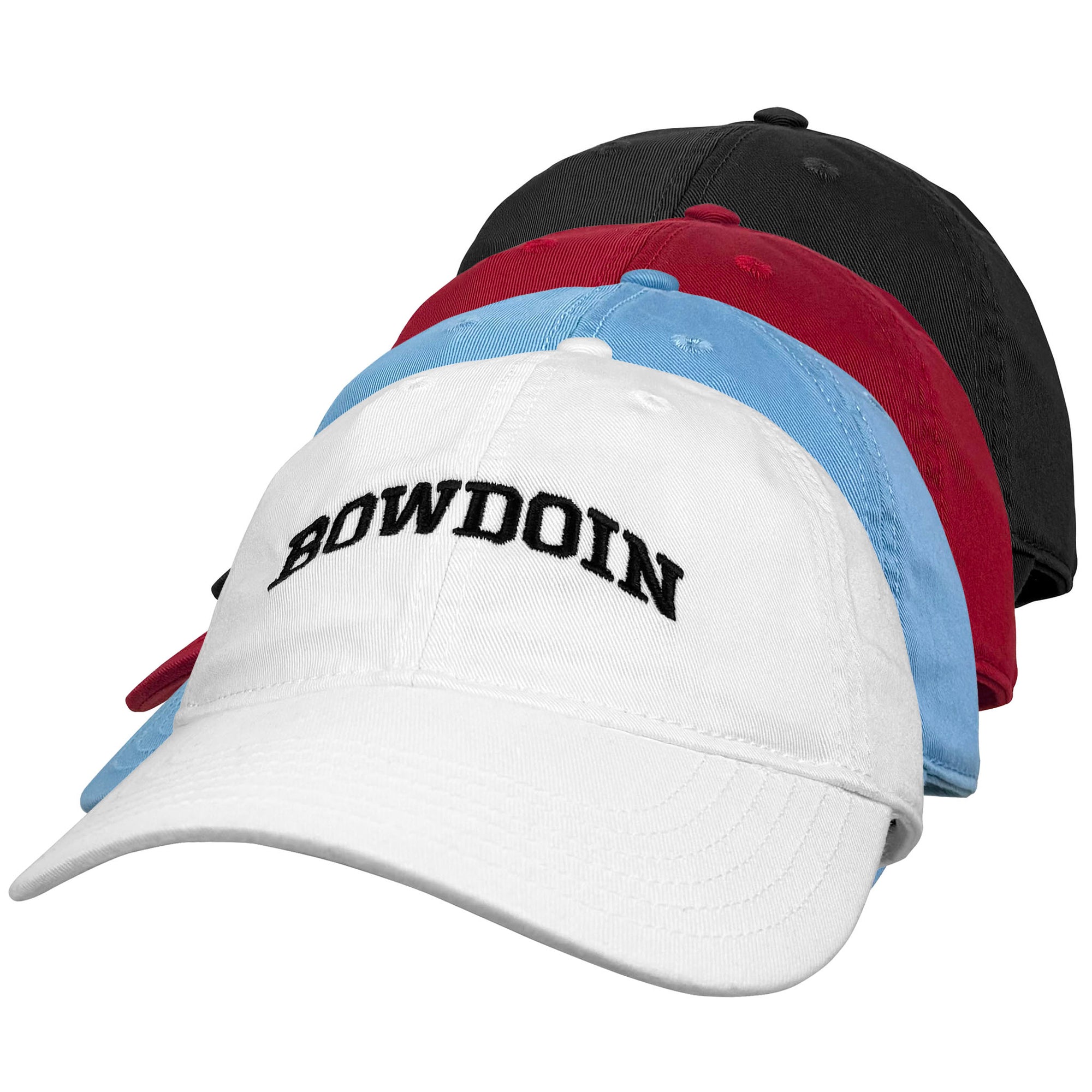 A stack of four baseball caps in black, red, light blue, and white, with the front white cap featuring the word 'BOWDOIN' embroidered in black arched lettering.