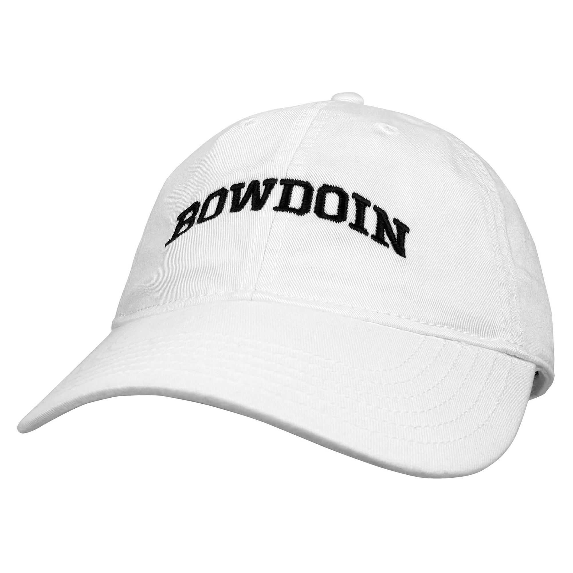 A white baseball cap with 'BOWDOIN' embroidered in black arched block letters across the front, shown against a plain white background.